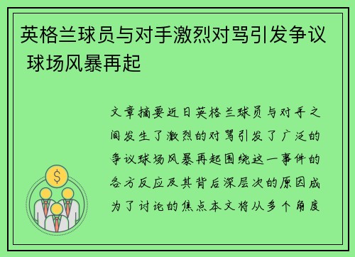 英格兰球员与对手激烈对骂引发争议 球场风暴再起
