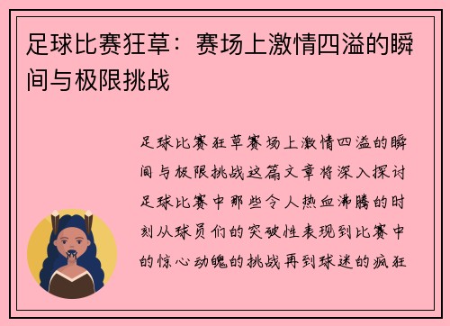 足球比赛狂草：赛场上激情四溢的瞬间与极限挑战