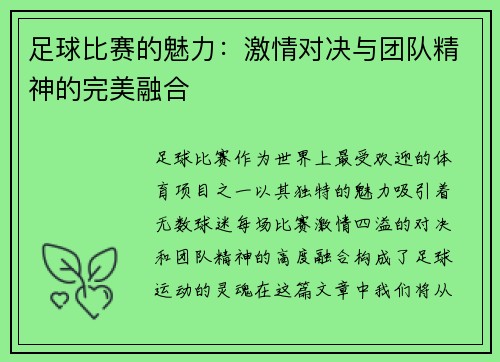 足球比赛的魅力：激情对决与团队精神的完美融合