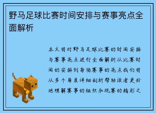 野马足球比赛时间安排与赛事亮点全面解析