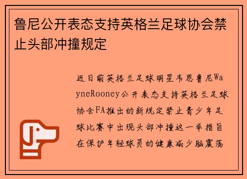 鲁尼公开表态支持英格兰足球协会禁止头部冲撞规定
