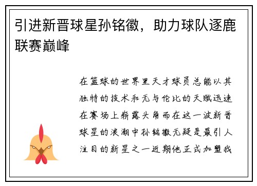 引进新晋球星孙铭徽，助力球队逐鹿联赛巅峰
