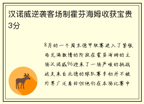 汉诺威逆袭客场制霍芬海姆收获宝贵3分