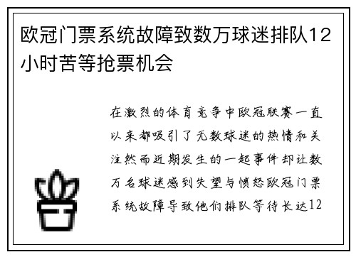 欧冠门票系统故障致数万球迷排队12小时苦等抢票机会