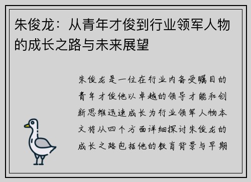朱俊龙：从青年才俊到行业领军人物的成长之路与未来展望