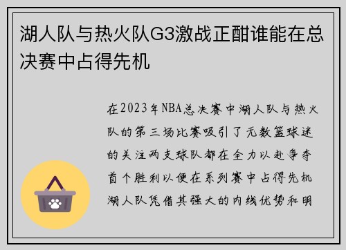 湖人队与热火队G3激战正酣谁能在总决赛中占得先机