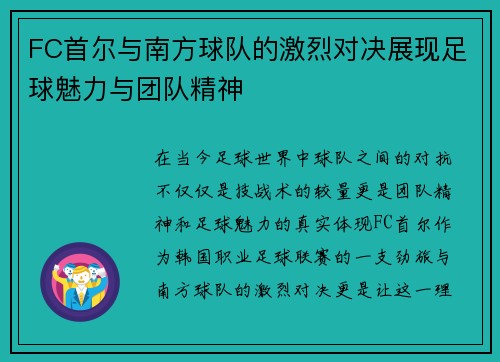 FC首尔与南方球队的激烈对决展现足球魅力与团队精神