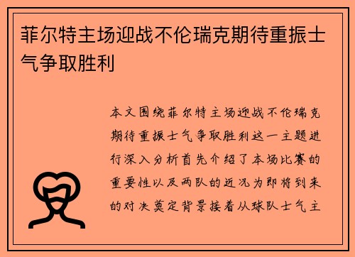 菲尔特主场迎战不伦瑞克期待重振士气争取胜利