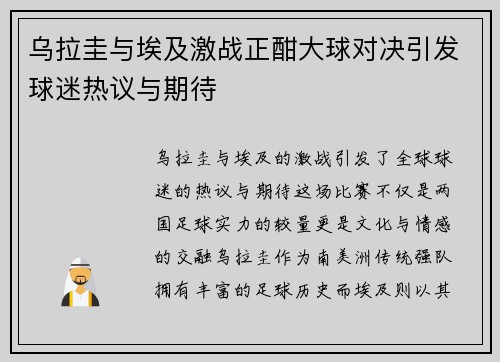 乌拉圭与埃及激战正酣大球对决引发球迷热议与期待