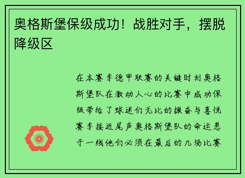 奥格斯堡保级成功！战胜对手，摆脱降级区