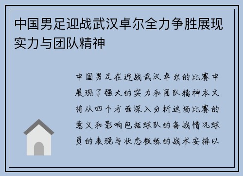中国男足迎战武汉卓尔全力争胜展现实力与团队精神