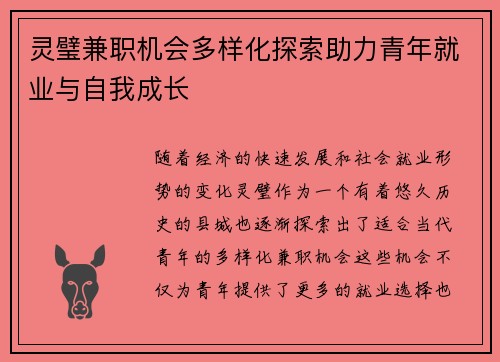 灵璧兼职机会多样化探索助力青年就业与自我成长