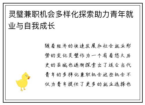 灵璧兼职机会多样化探索助力青年就业与自我成长