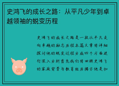 史鸿飞的成长之路：从平凡少年到卓越领袖的蜕变历程