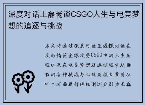深度对话王磊畅谈CSGO人生与电竞梦想的追逐与挑战