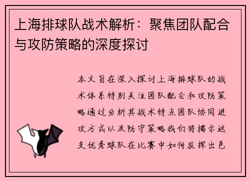 上海排球队战术解析：聚焦团队配合与攻防策略的深度探讨
