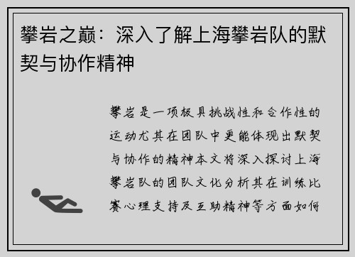 攀岩之巅：深入了解上海攀岩队的默契与协作精神